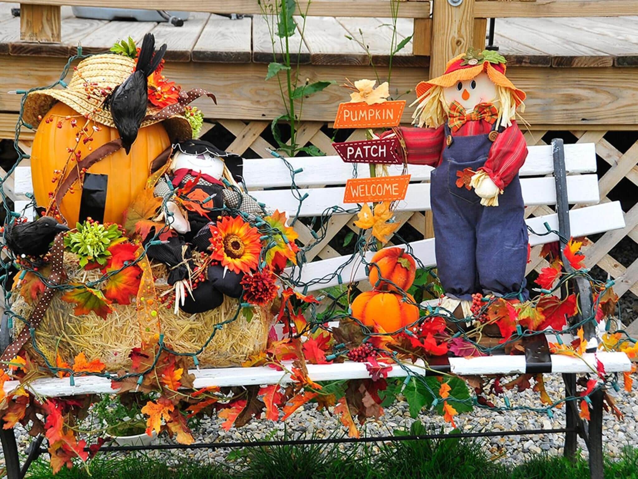 Dekorative Gestaltung mit einem Kürbis, einem Strohmann und Schildern mit der Aufschrift "PUMPKIN PATCH" und "WELCOME".