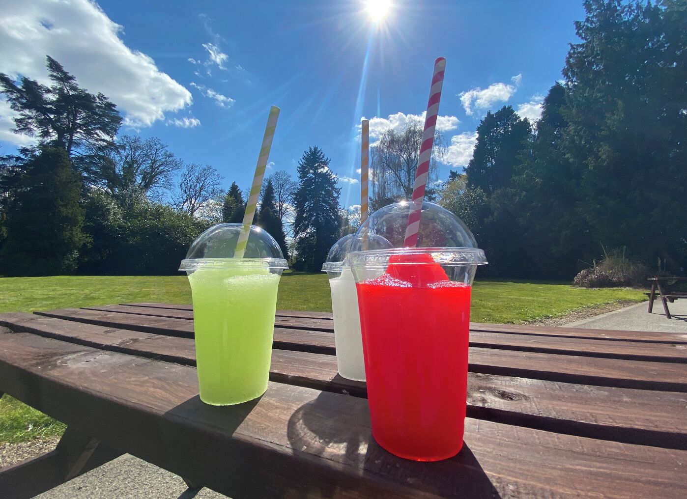 Twee plastic bekers met rietjes op een houten picknicktafel, buiten.