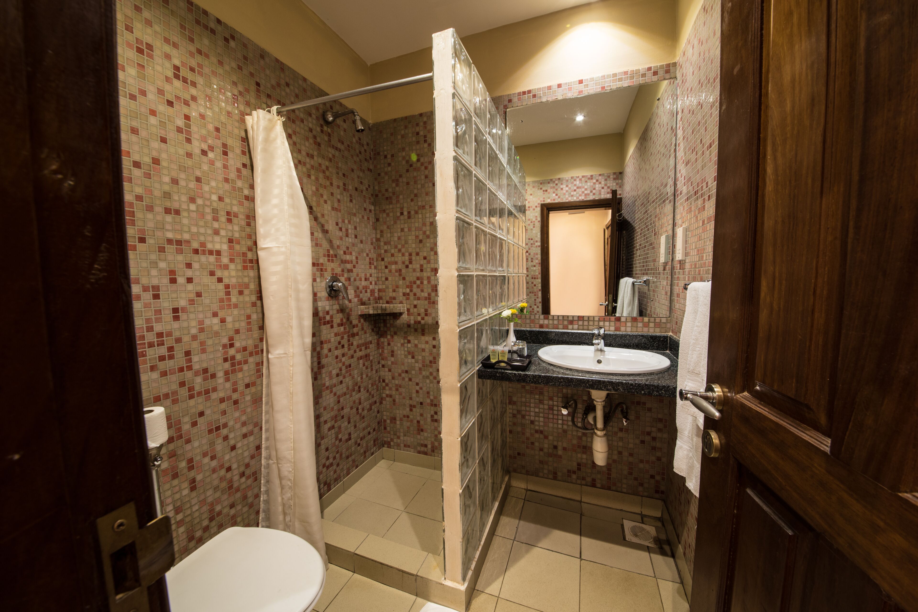 Une salle de bain équipée d’une douche, de toilettes, d’un lavabo et d’un miroir.