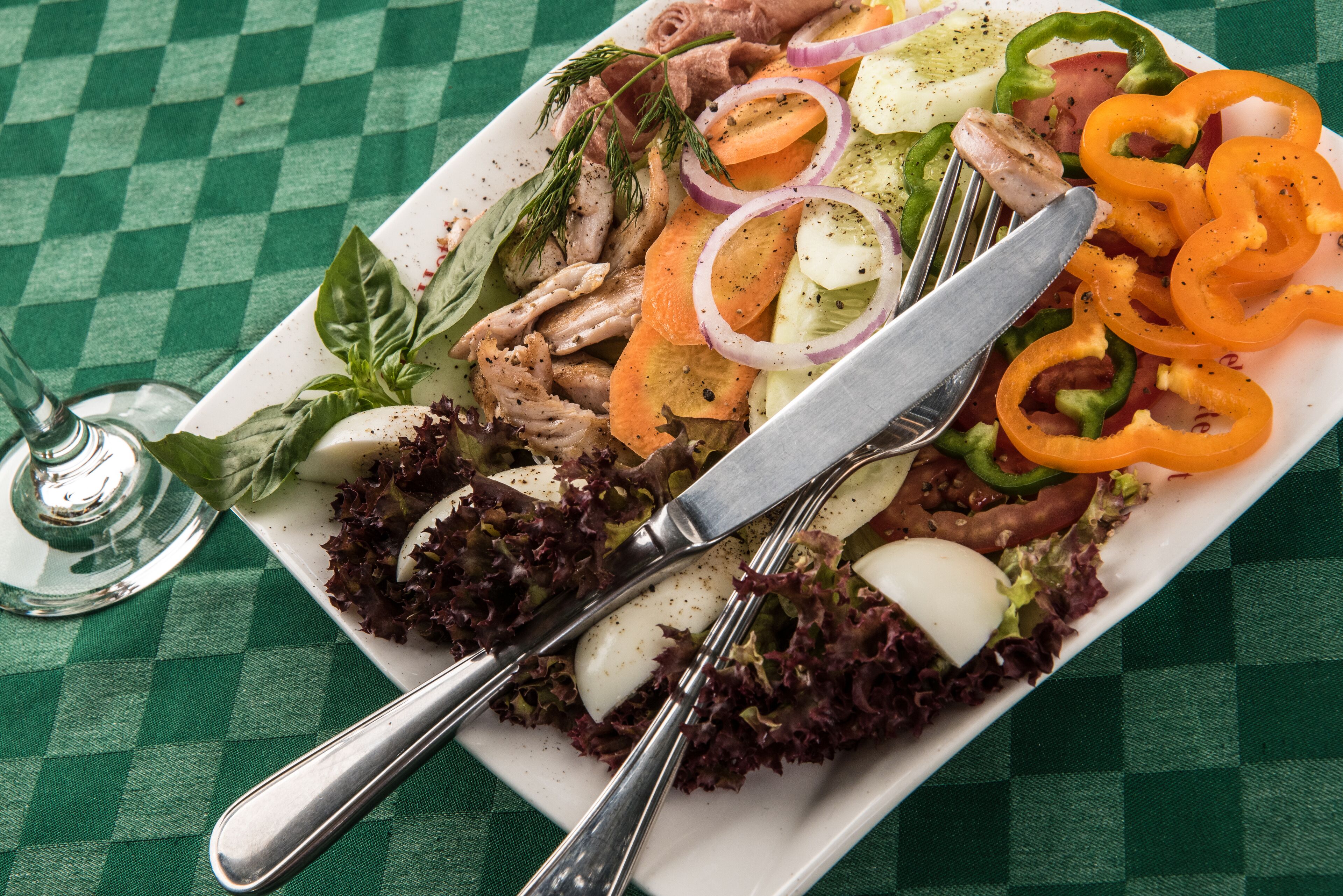 A plate of food with various vegetables and meat, accompanied by a fork and knife on a green checkered tablecloth.