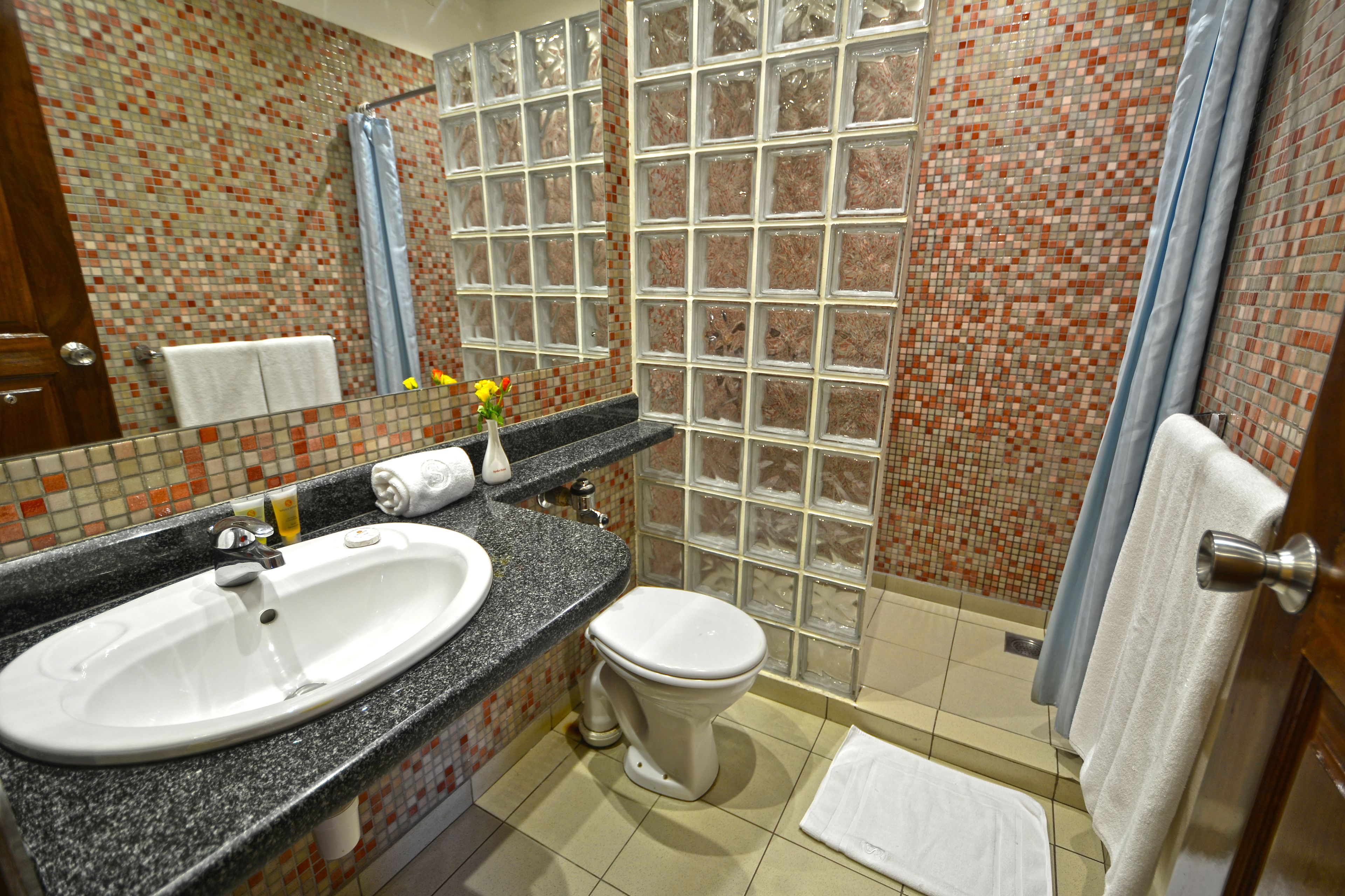 Un baño con lavamanos, inodoro y zona de ducha.