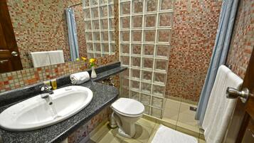 Un baño con lavamanos, inodoro y zona de ducha.