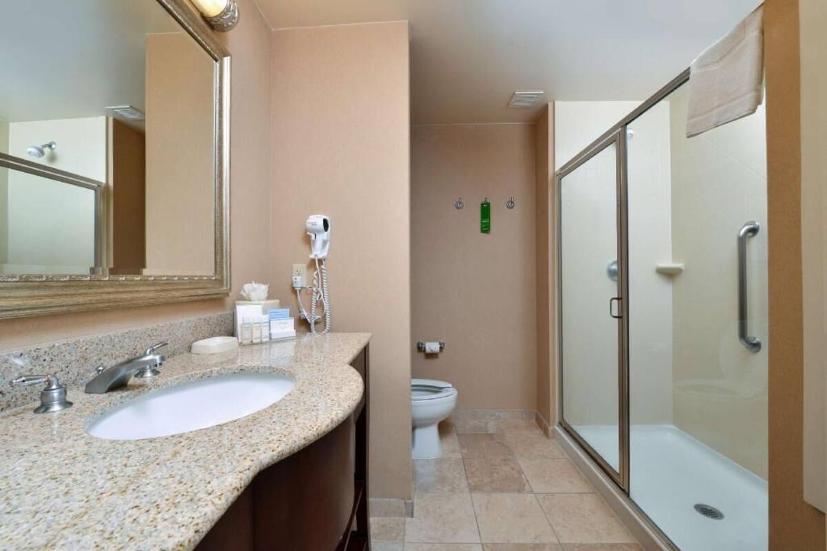A bathroom with a sink, mirror, hairdryer, toilet, and a glass-enclosed shower.
