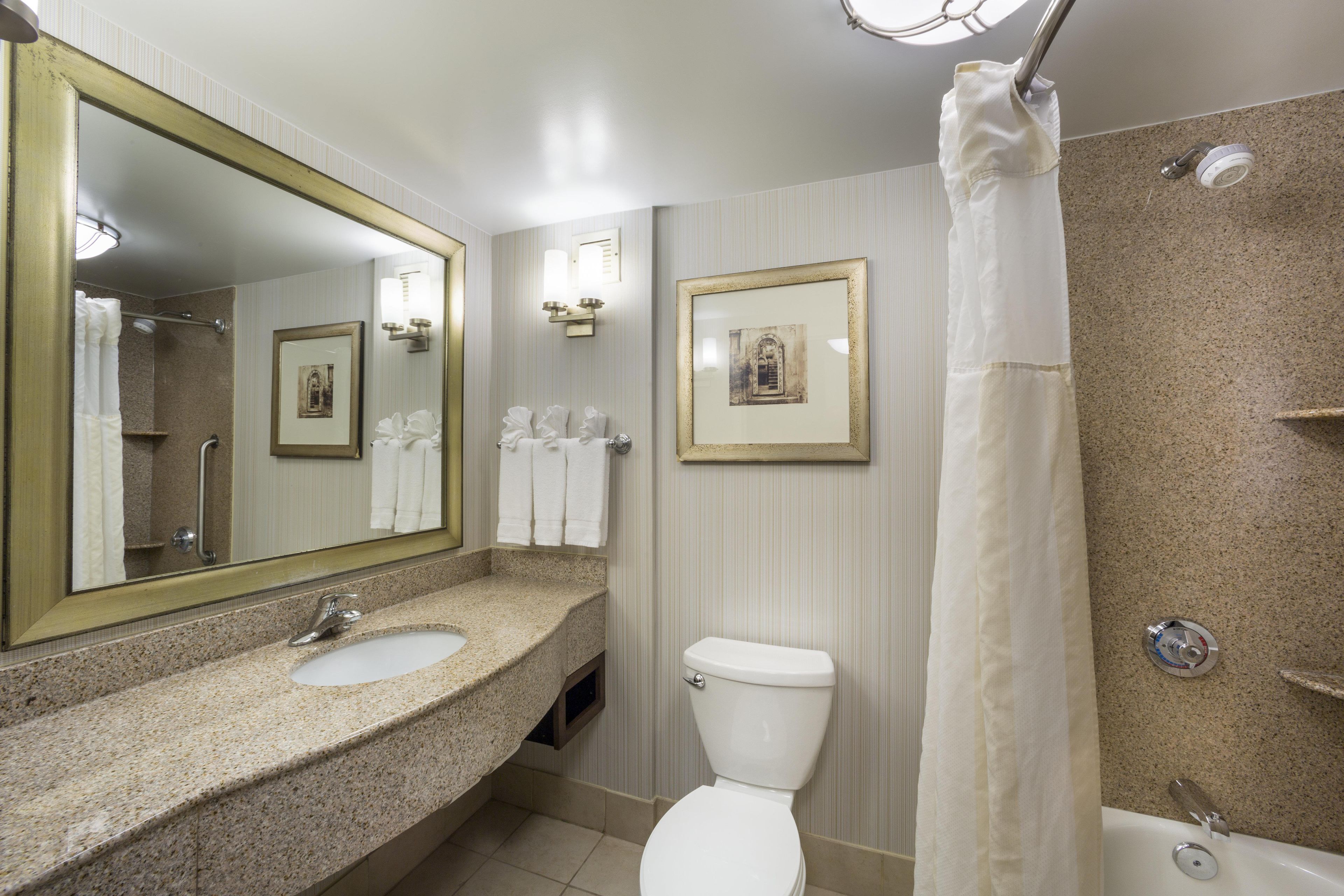 A bathroom with a large mirror, two sinks, a toilet, and a shower area.
