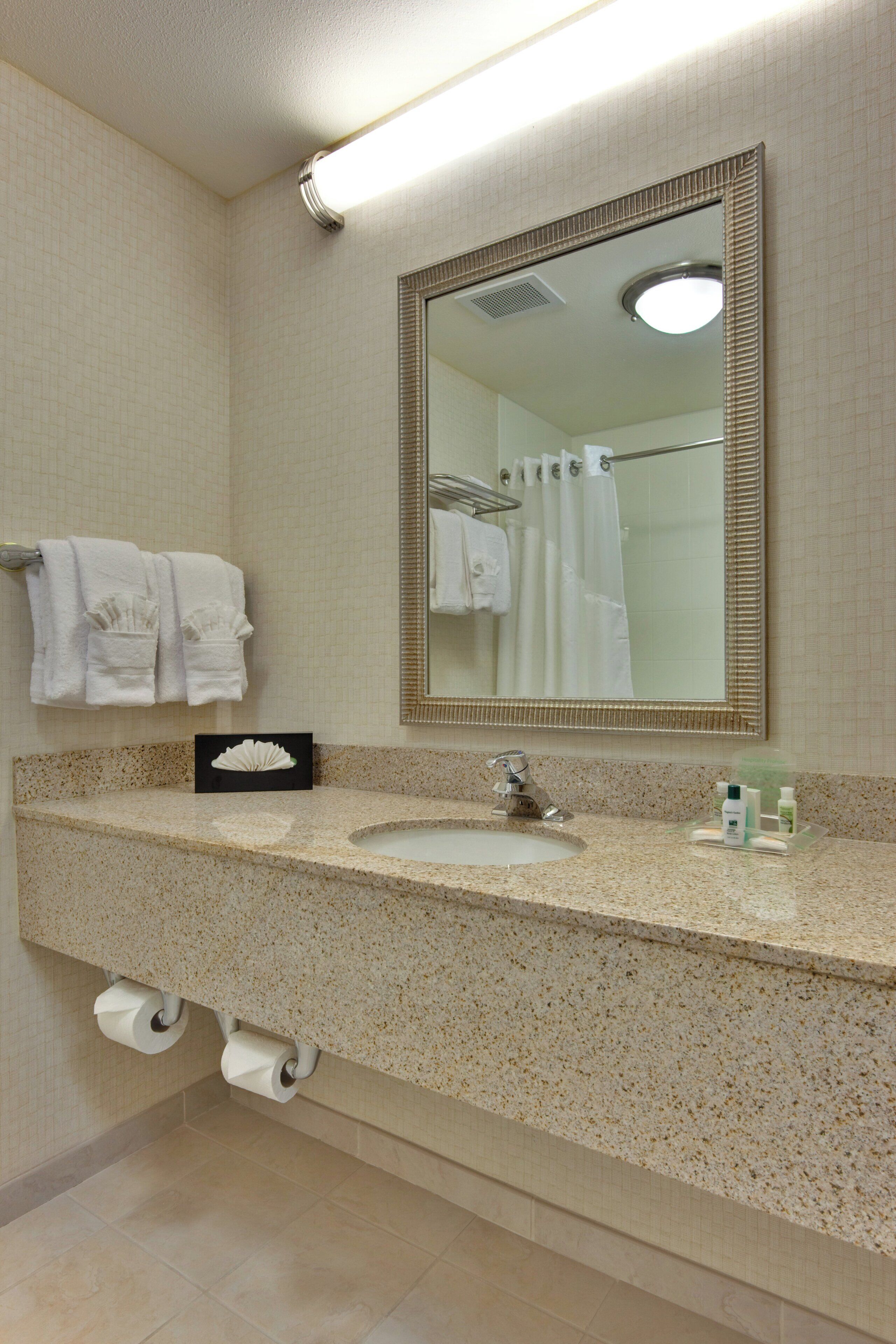 A bathroom with a sink, mirror, towel rack, and toilet paper.