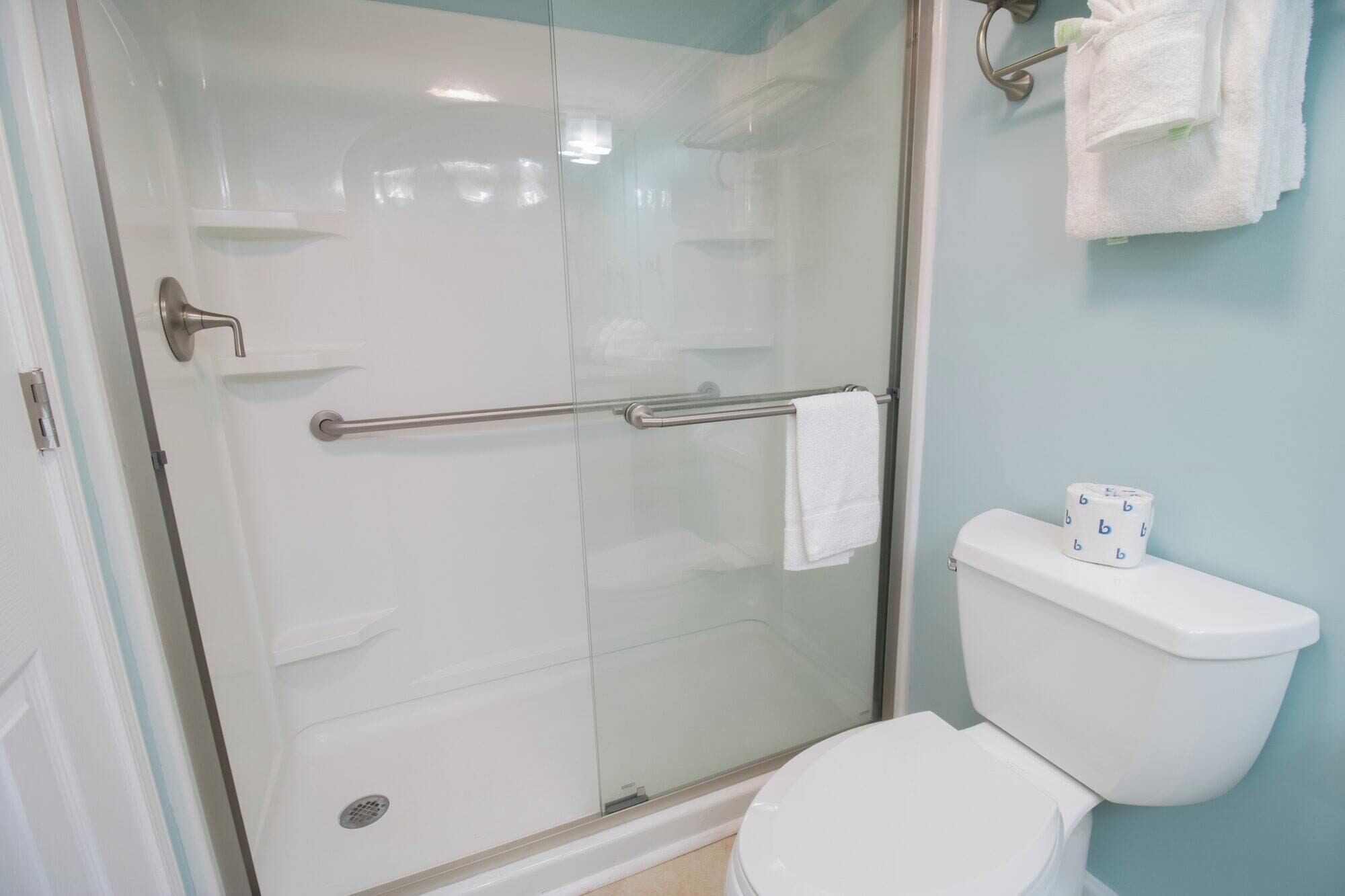 Ein Badezimmer mit Duschkabine aus Glas, einer weißen Toilette und einem Handtuchhalter.