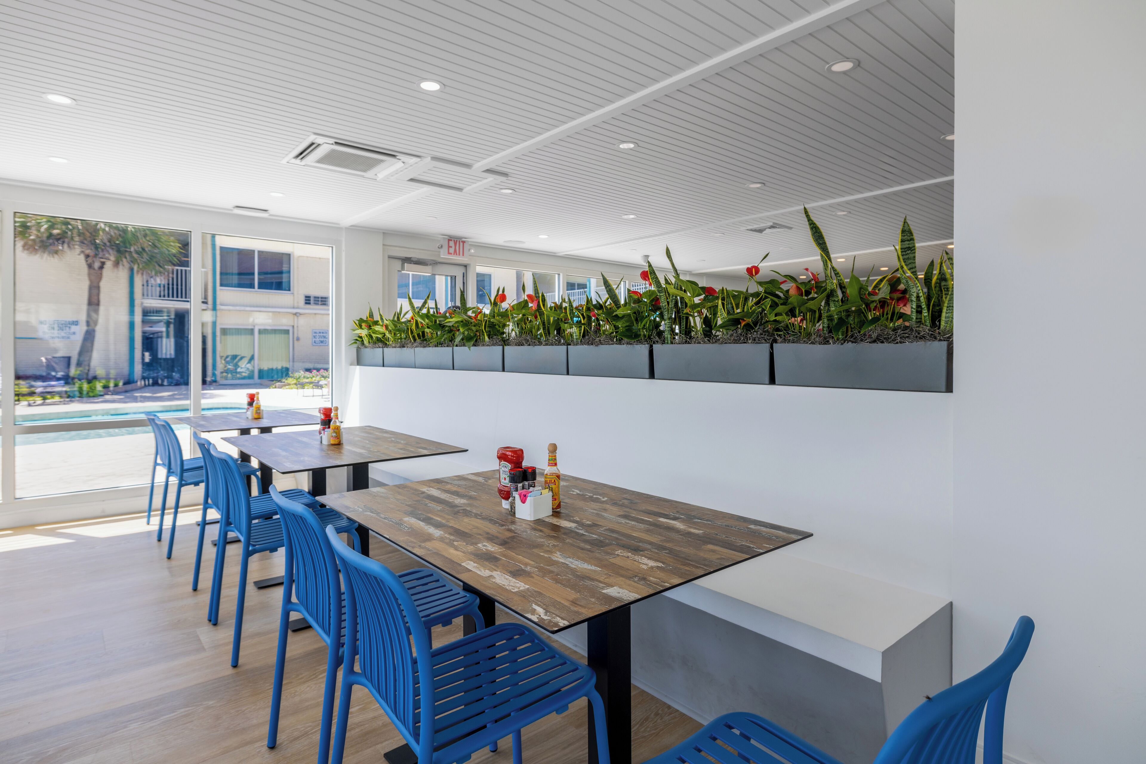 Un espace repas moderne avec des tables en bois et des chaises bleues, une grande fenêtre donnant sur une piscine et un mur décoré de plantes.