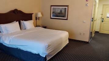 A hotel room with a large bed, a nightstand, a lamp, a framed picture on the wall, and a door with a sign.