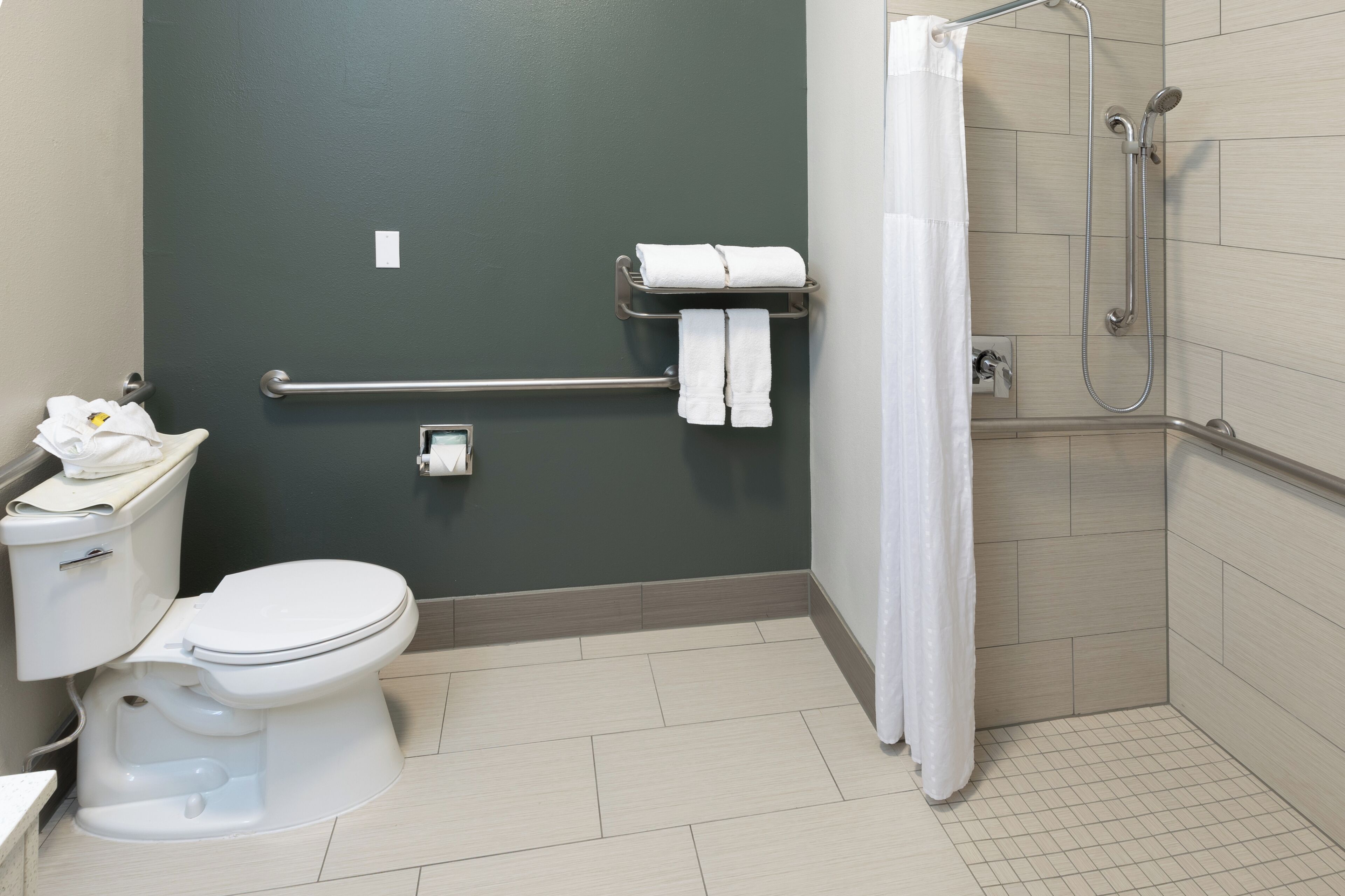 A bathroom with a toilet, a handrail, a shower, and a towel rack.