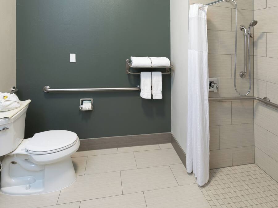 A bathroom with a toilet, a handrail, a shower, and a towel rack.