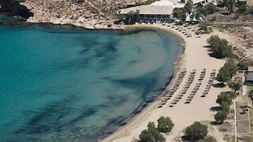 An aerial view of a coastal hotel with a beach, a parking area, and a few trees.