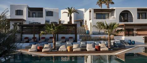 Outdoor pool, pool umbrellas, pool loungers
