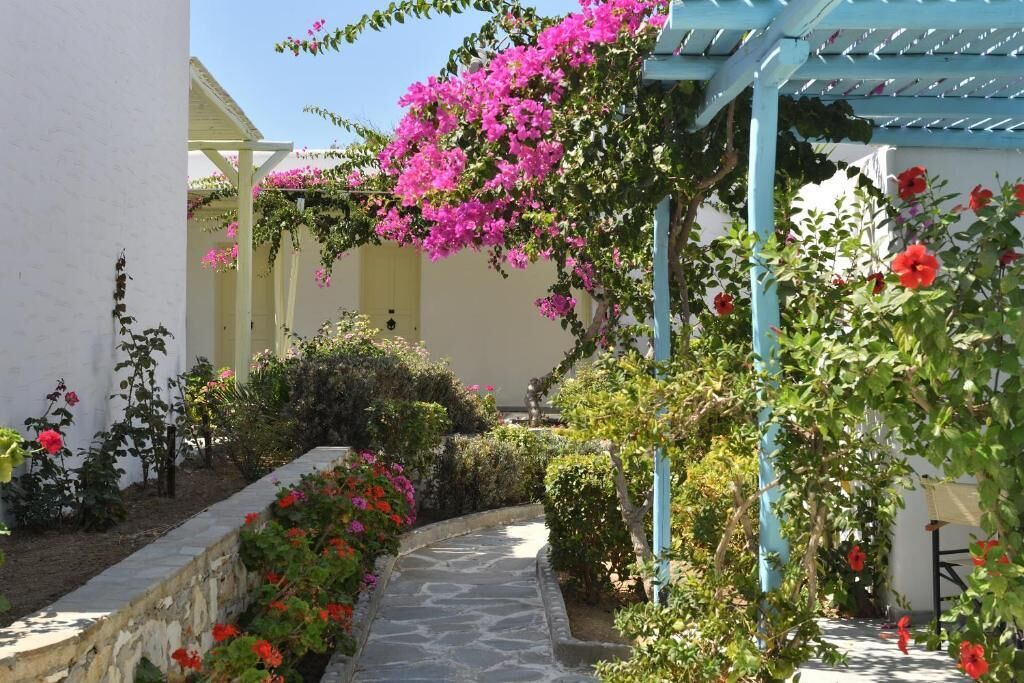 A narrow stone pathway flanked by lush greenery and vibrant flowers, leading to a building with a blue pergola and white walls.