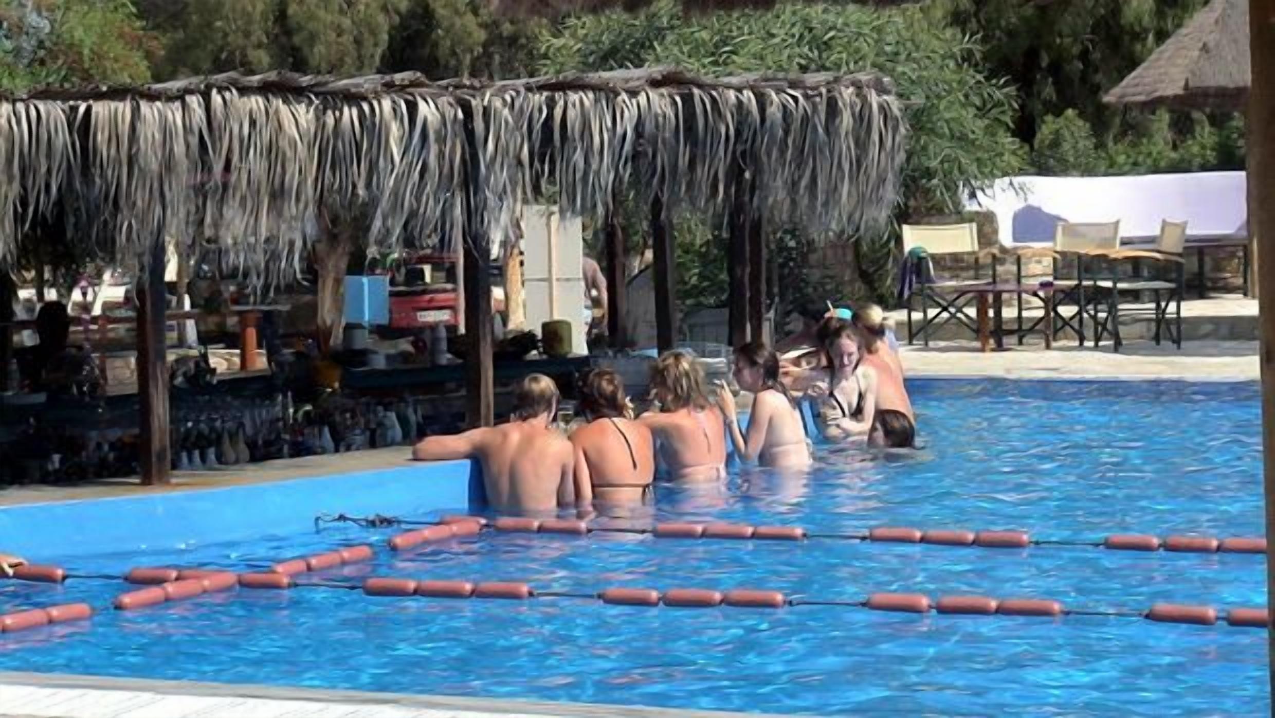 A swimming pool with lane dividers and a thatched-roof structure in the background.