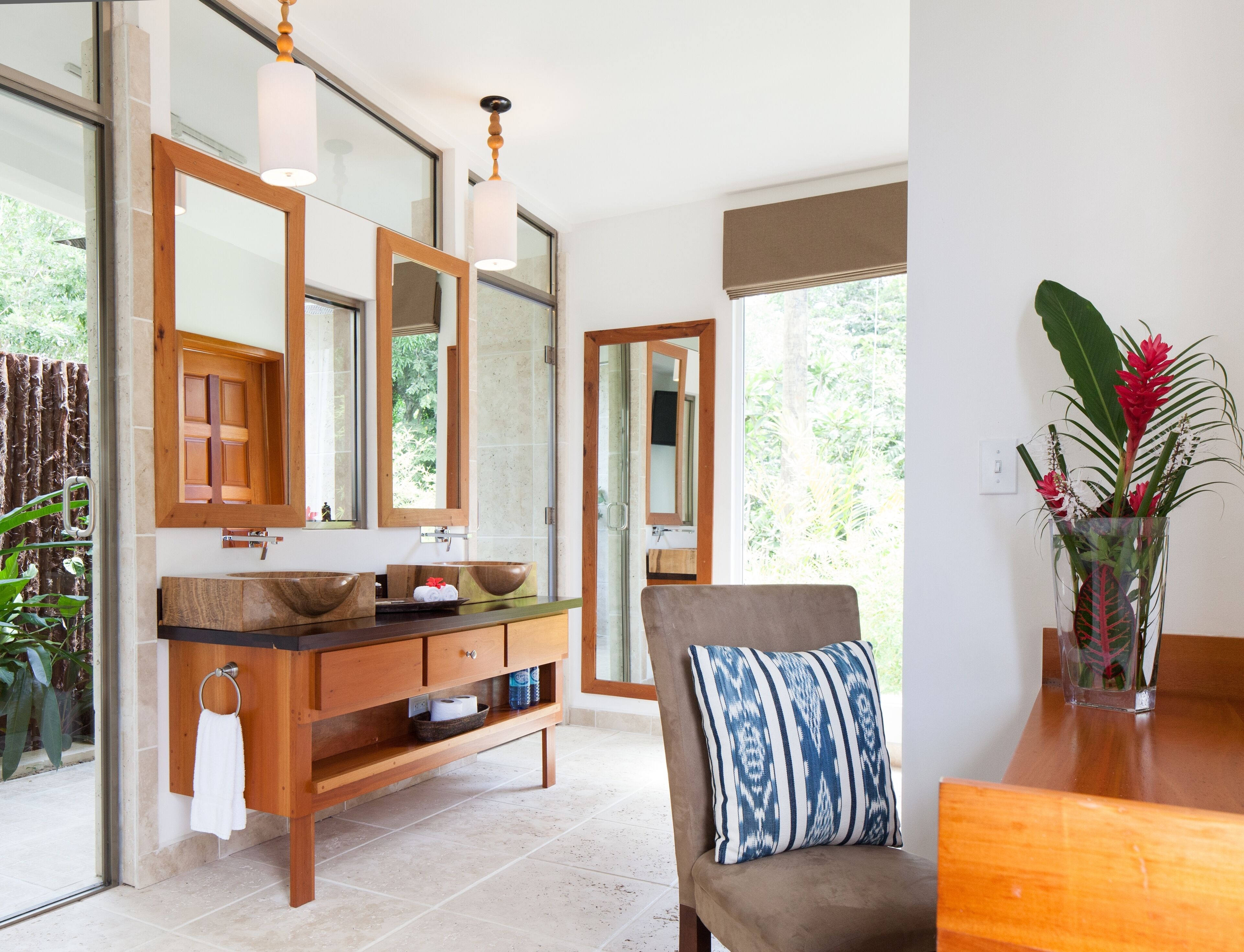 shower, hair dryer, bathrobes, slippers