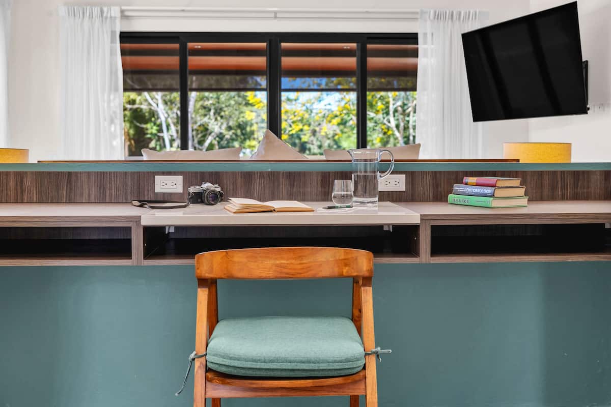Una habitación con escritorio, una silla, televisor montado en la pared y ventana con vistas a árboles.