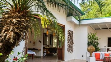 A modern outdoor pool area with a wooden deck, a palm tree, and a cozy seating area with a sofa and chairs.