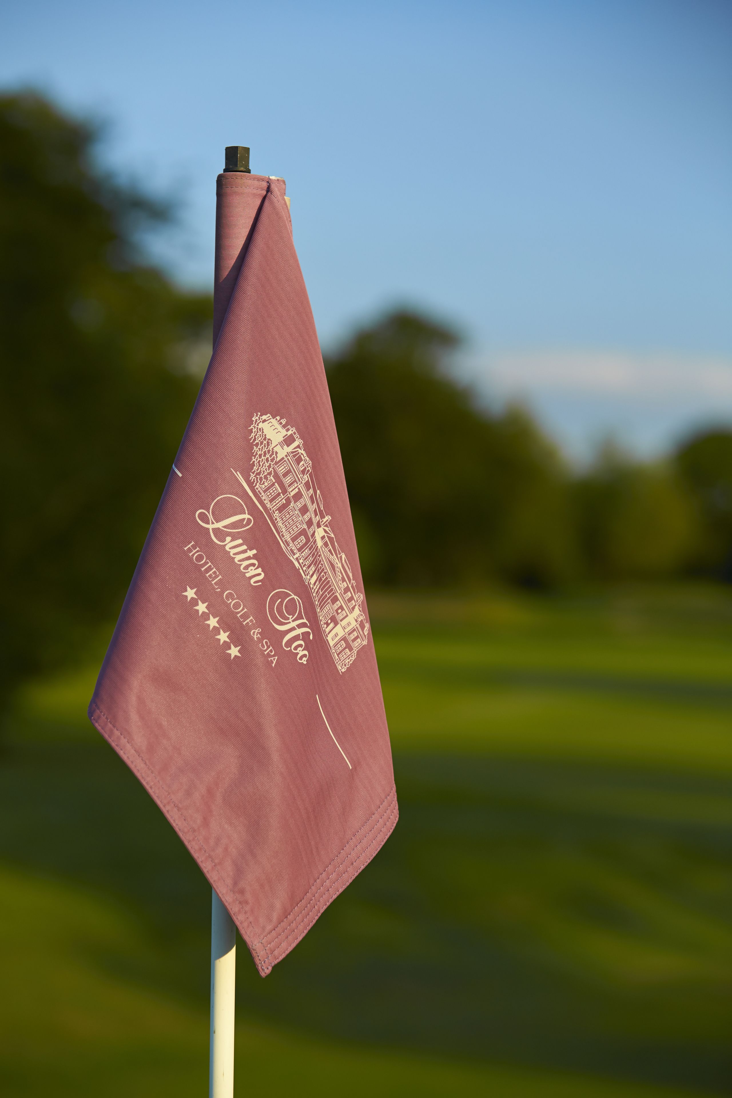 A flag with "Luton Hotel" and a building illustration on a flagpole.