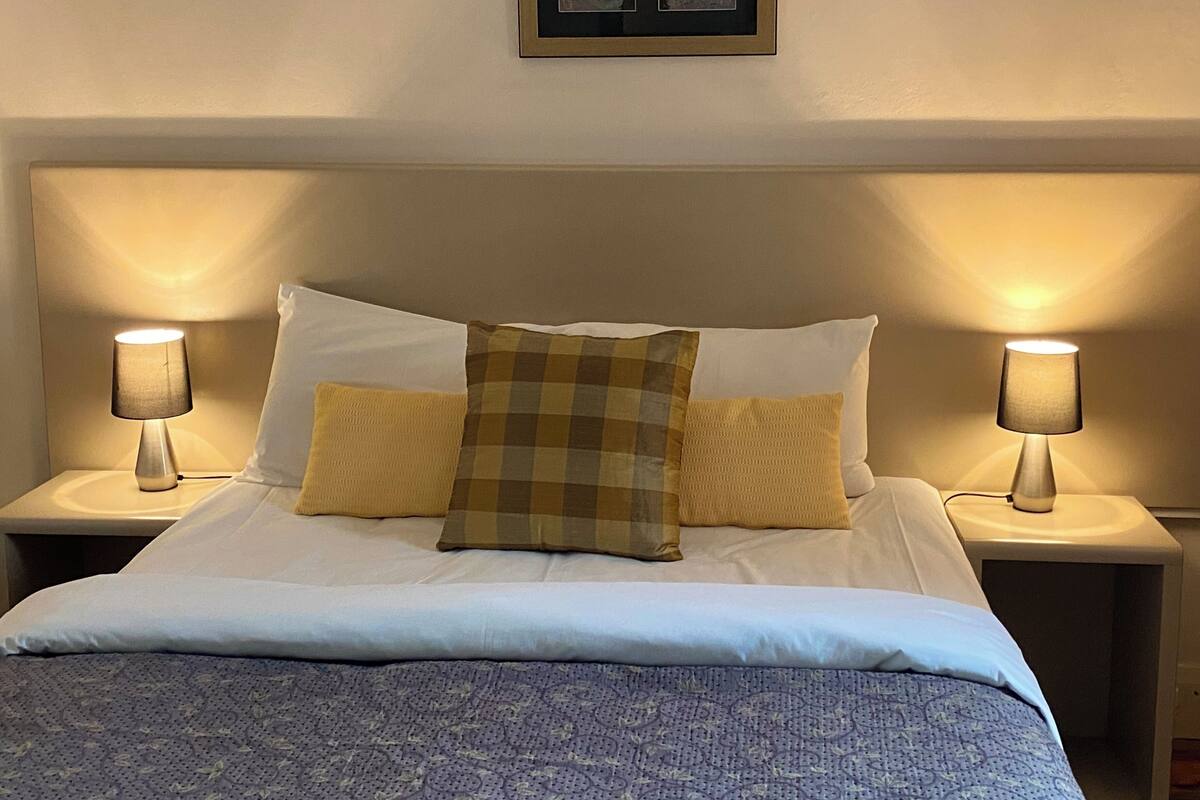 Een net opgemaakt bed met een geruit kussen, twee nachtlampjes en een ingelijst beeld op de muur.