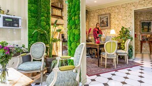 Una habitación con pared cubierta de musgo verde, una estantería, un escritorio con sillas y un suelo con diseño.