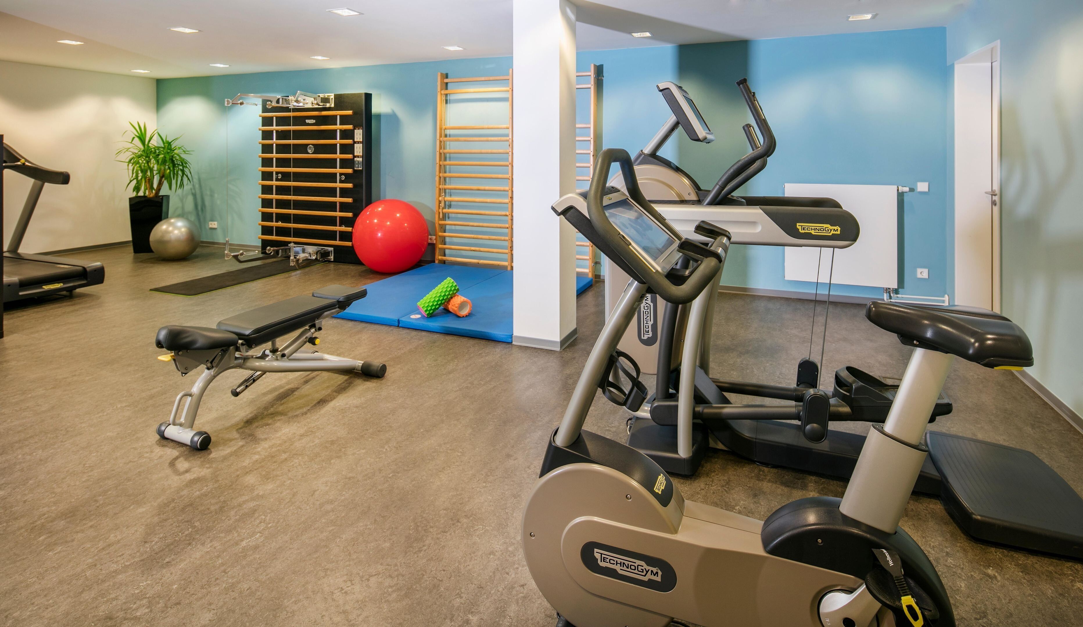 A gym with exercise equipment, a wall-mounted rack, a red exercise ball, and a potted plant.