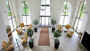 Un hall d’entrée spacieux, doté de grandes fenêtres, de chaises jaunes, d’un grand tapis central et de plantes en pot.