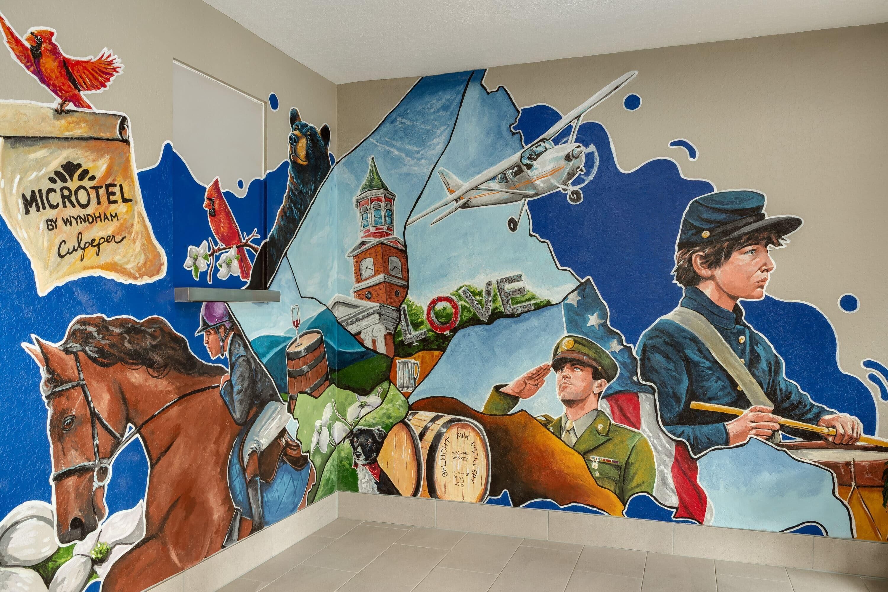 A mural with a horse, a soldier, and a plane.