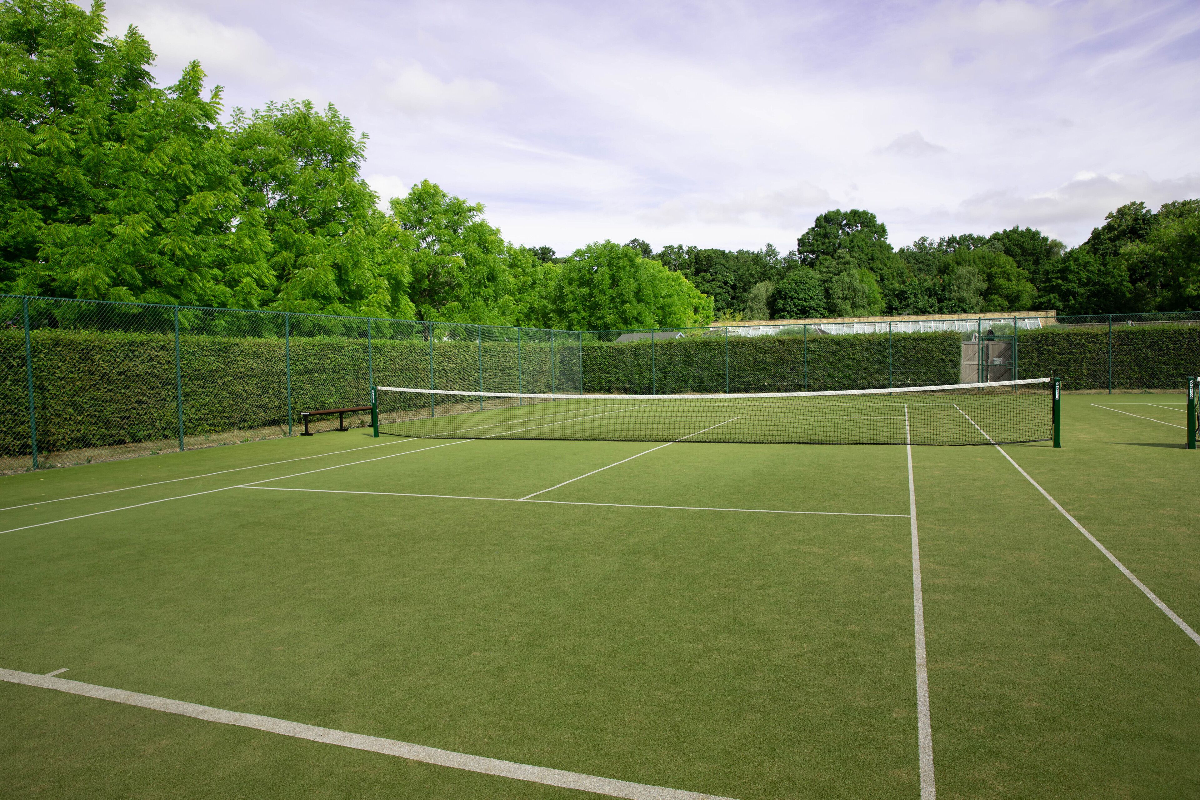 En tennisbane med net, omgivet af grønne hække og træer.