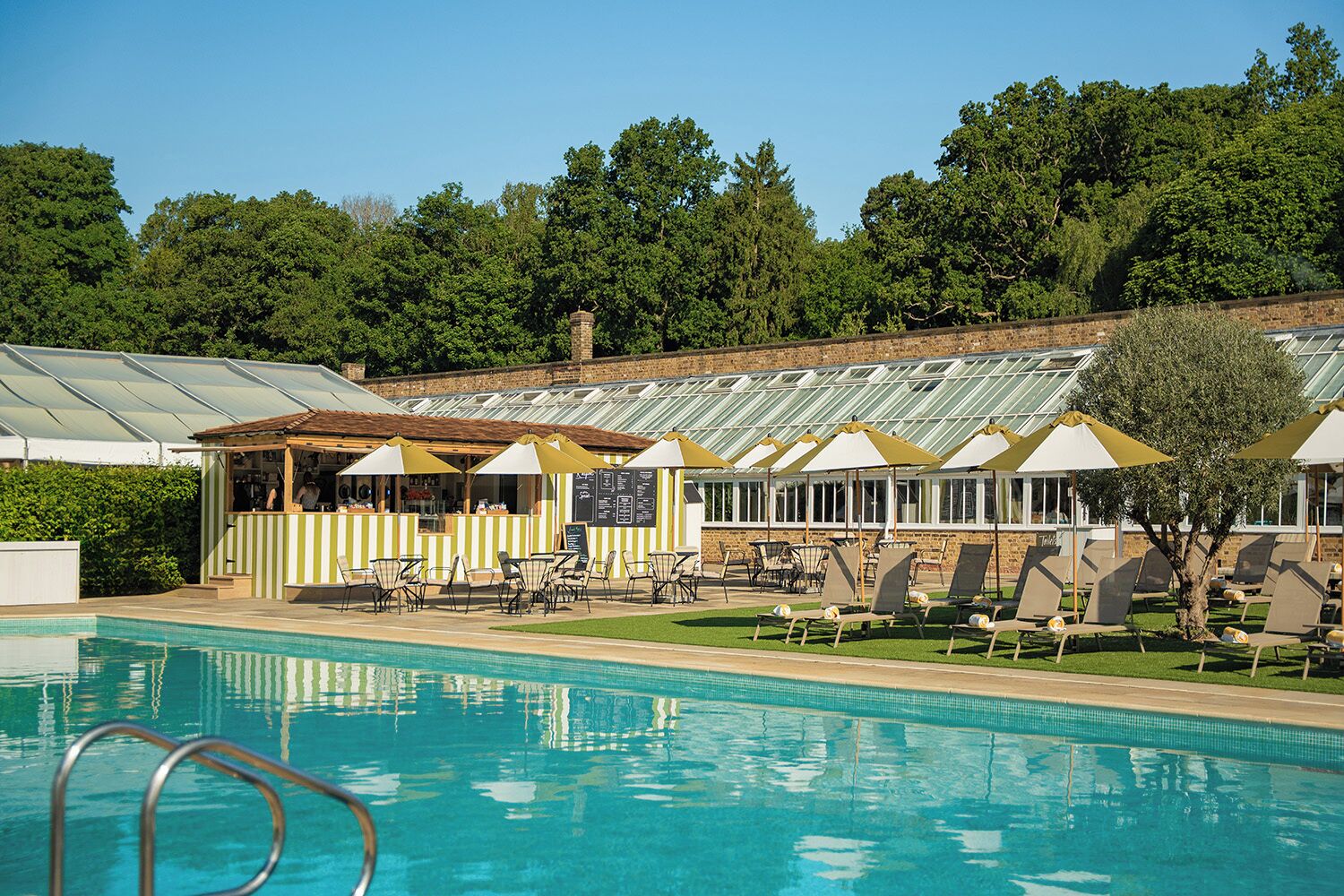 A pool area with lounge chairs and umbrellas, a bar area with a menu board, and a building with a green roof.