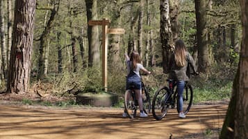 Two people on a dirt path in a forested area with a signpost indicating trails.