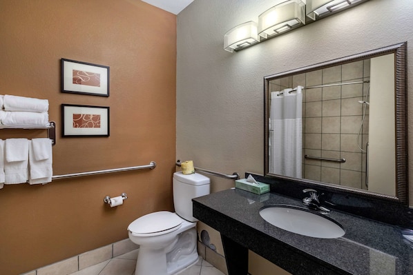 Un baño con inodoro, lavabo y espejo. Hay toallas en un perchero, un pasamanos y un cuadro en la pared.
