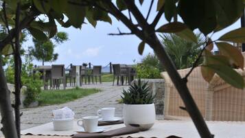 Une table dressée avec des tasses et des soucoupes blanches, une plante en pot et un set de table, sur une terrasse donnant sur la plage.