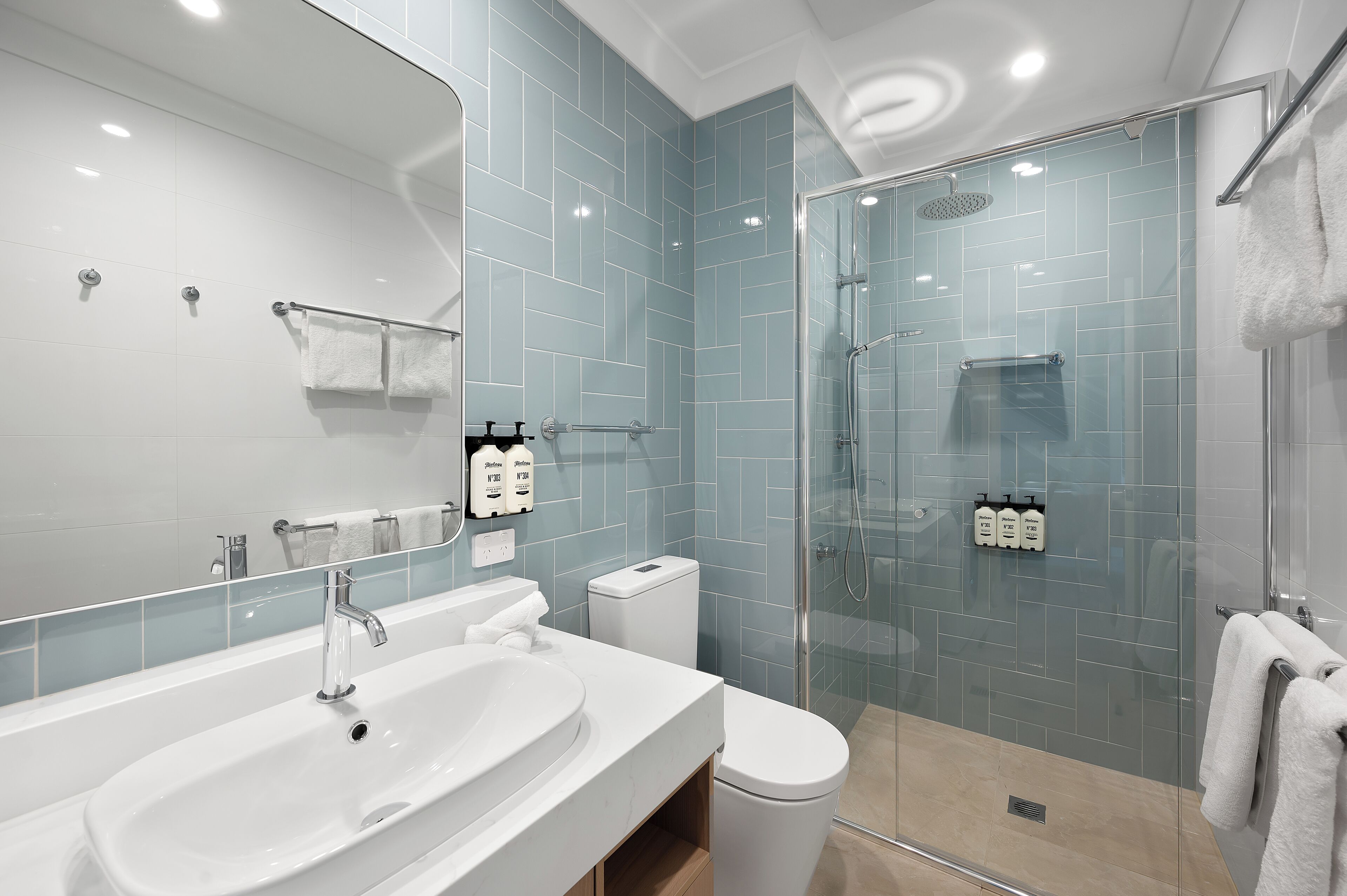 A modern bathroom with a glass-enclosed shower, a white sink, and a toilet.