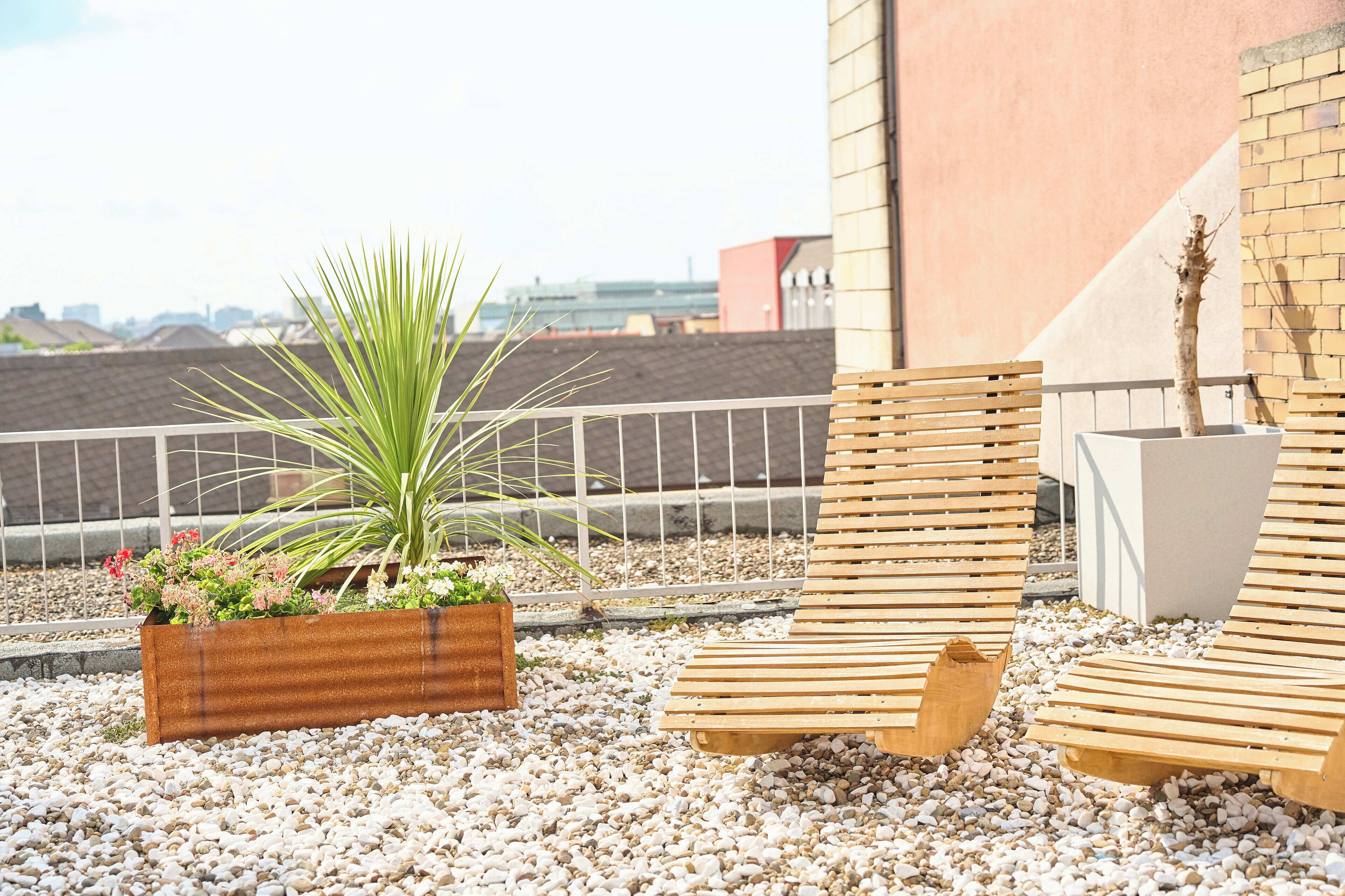 Eine Dachterrasse mit Holzliegen, einem Pflanzgefäß mit Pflanzen und Blick auf Gebäude im Hintergrund.