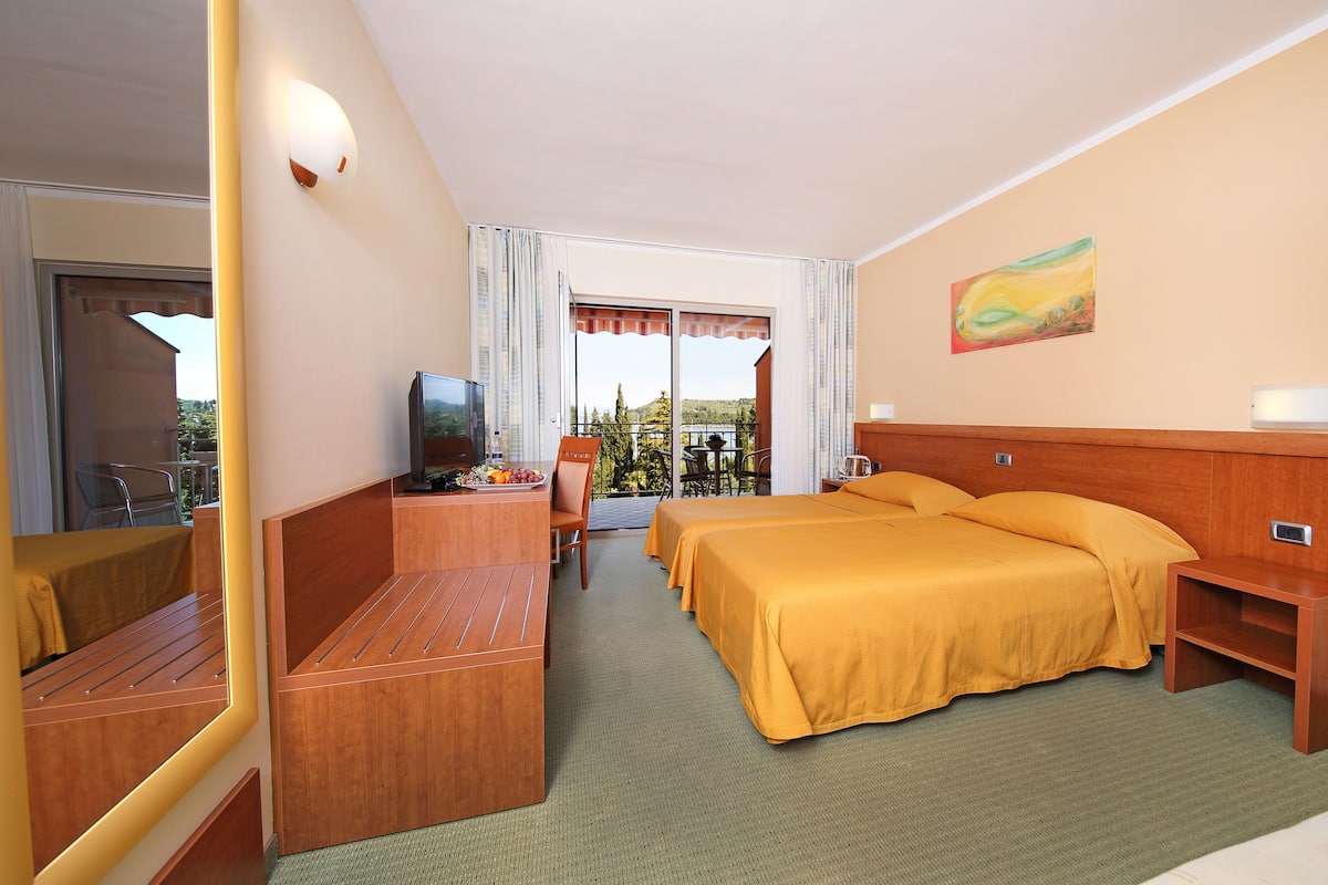 A hotel room with a bed, a desk with a television, a chair, and a view of the outdoors.