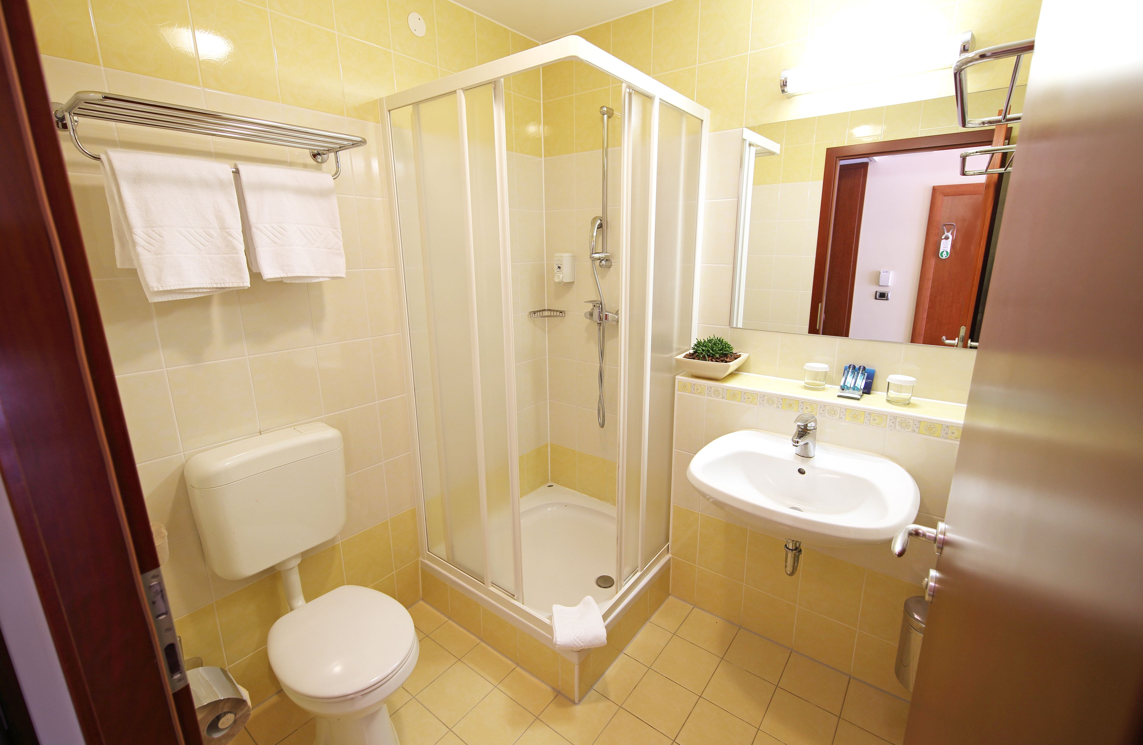 A bathroom with a shower, toilet, sink, and a mirror.