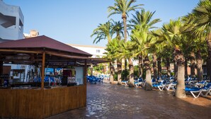 Zona de bar frente a la playa con mostrador de madera, sillas azules y palmeras.