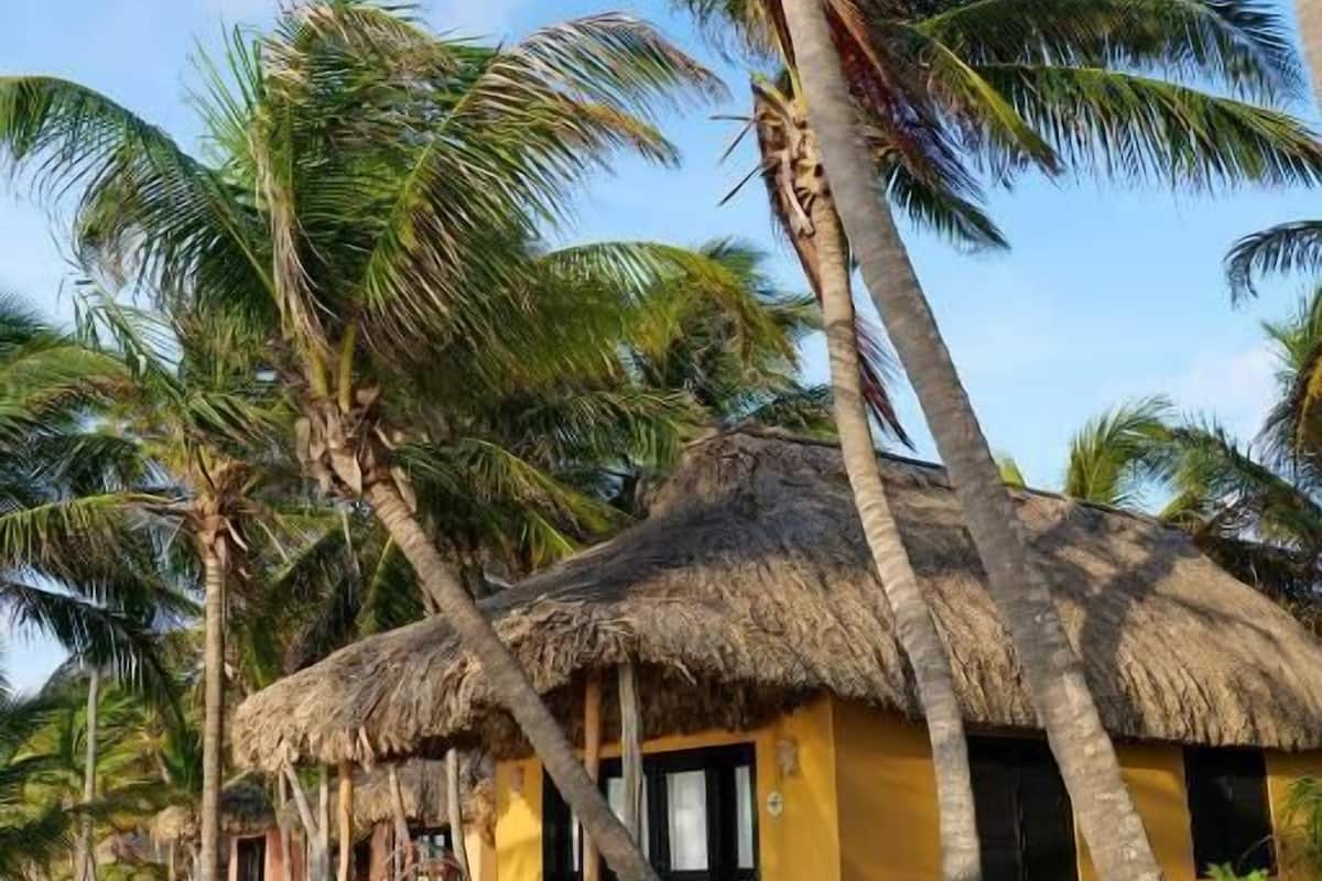 Ein Bungalow mit einem strohgedeckten Dach, verbunden durch einen sandigen Pfad, umgeben von Palmen.
