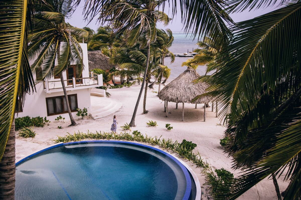 Ein Pool, von Palmen und einem Strand umgeben.