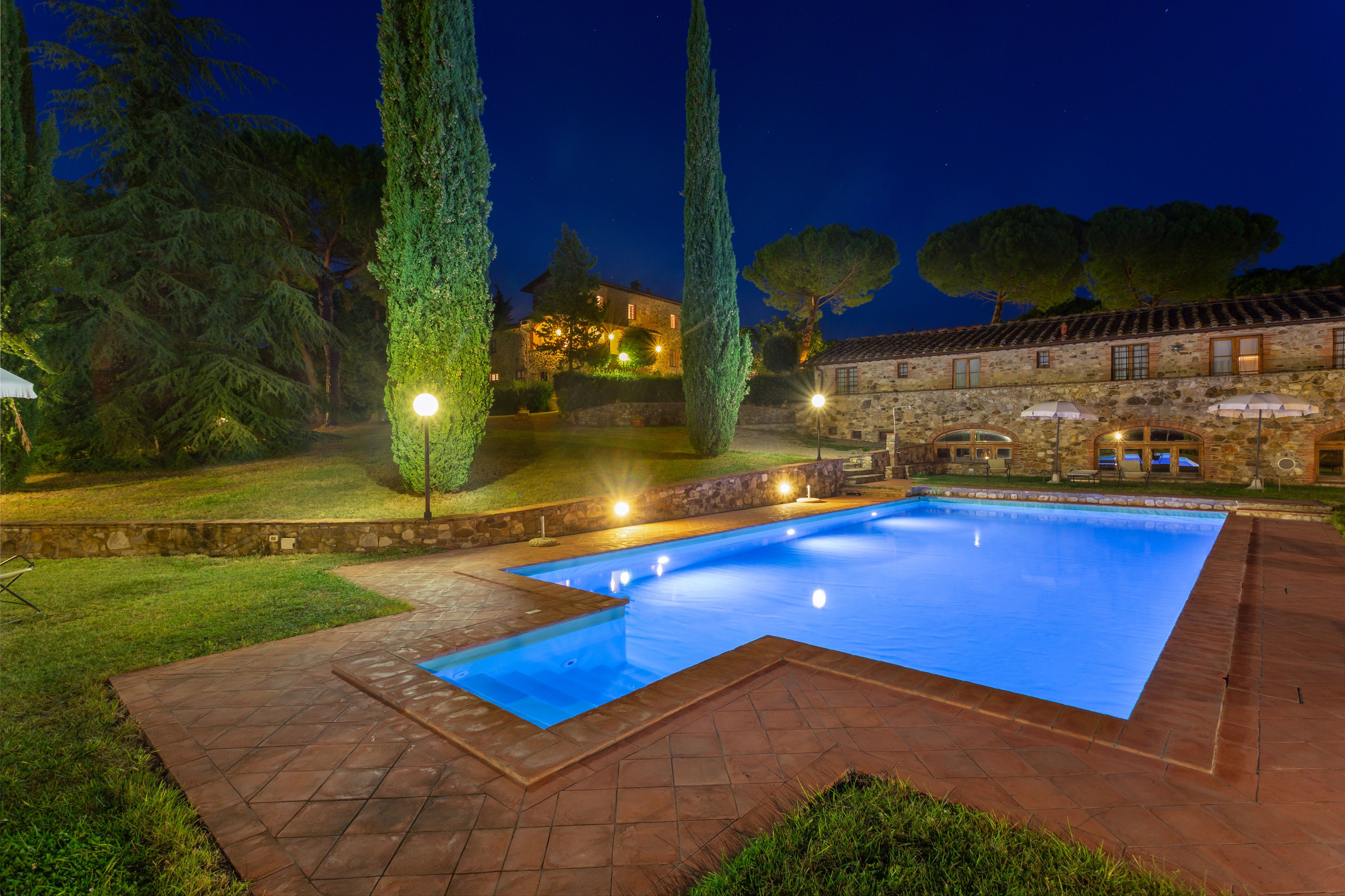 outdoor pool, pool umbrellas, pool loungers