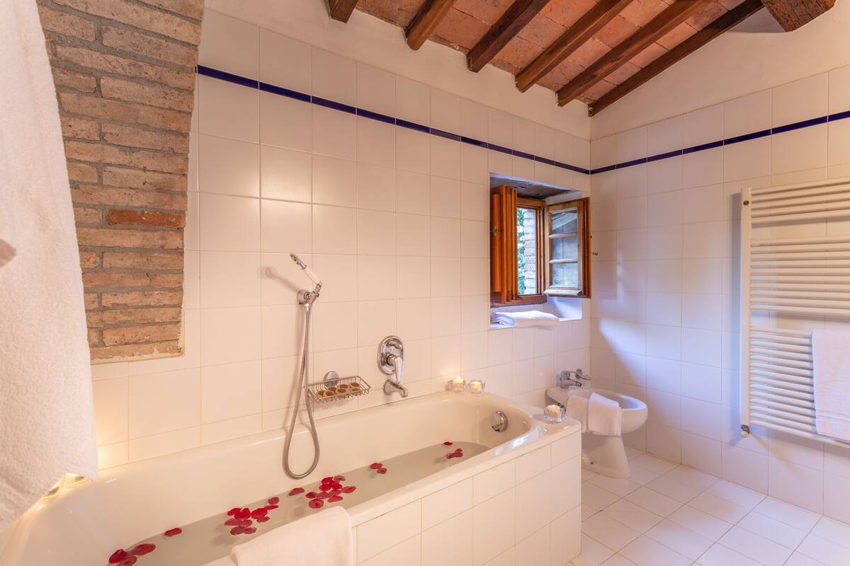 shower, hair dryer, bidet, towels