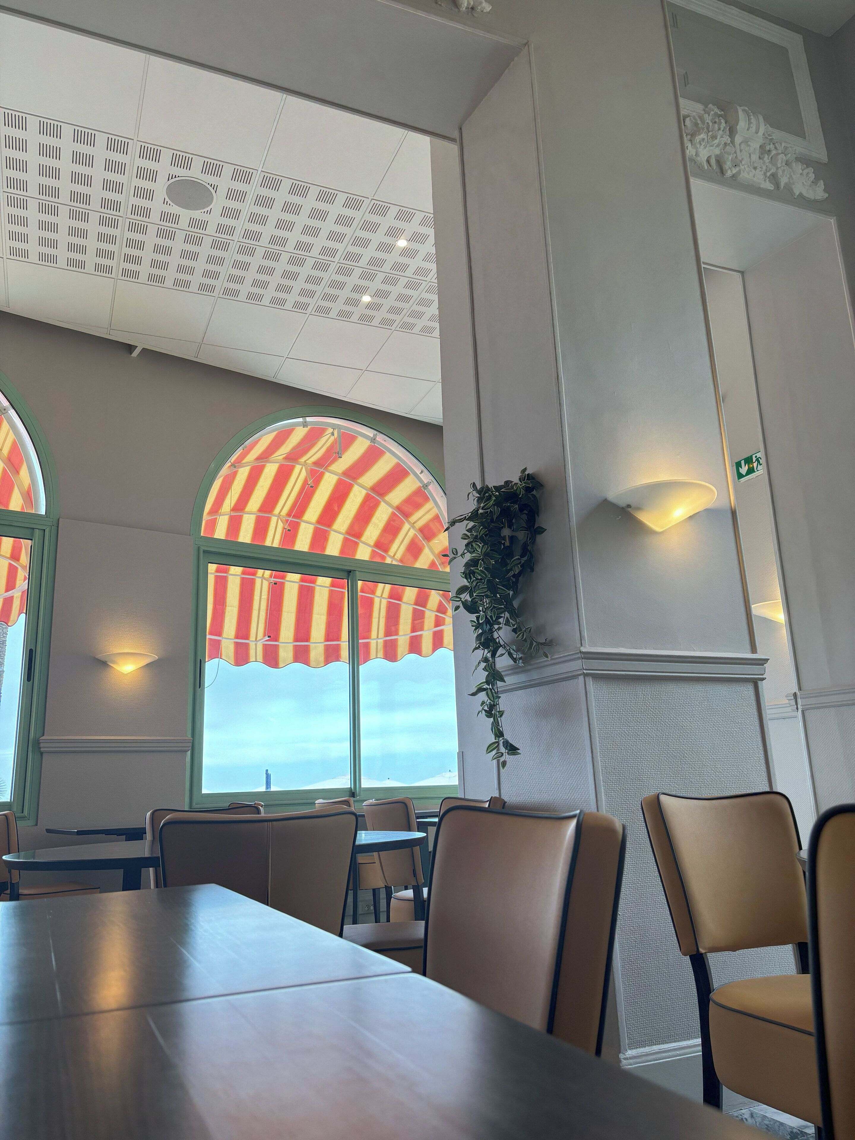 A conference room with a large table, chairs, and a view through a window with striped curtains.