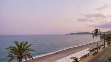 Vista de la playa con un camino bordeado de sombrillas y palmeras.