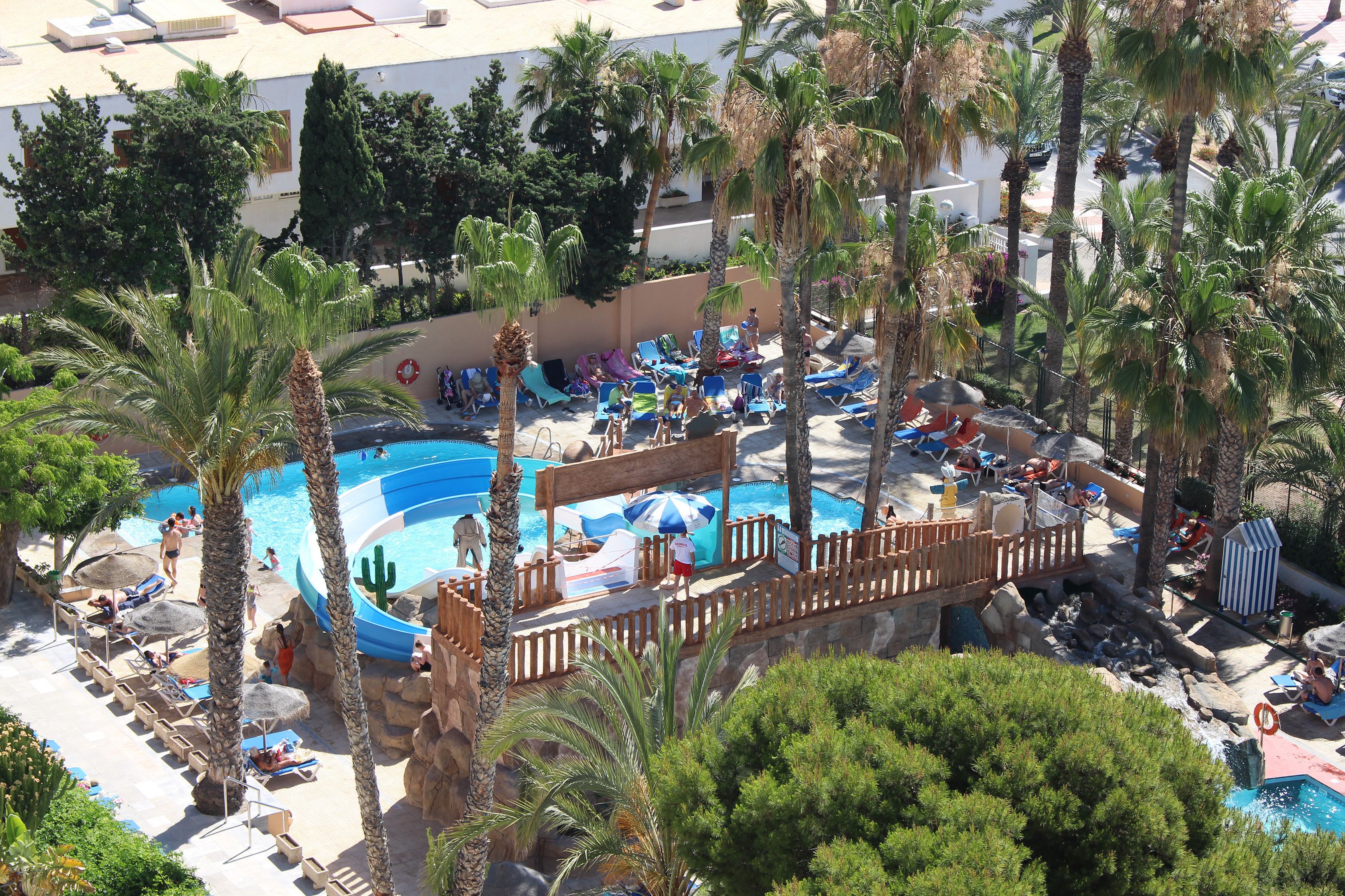 A pool area with lounge chairs, palm trees, and a water slide.