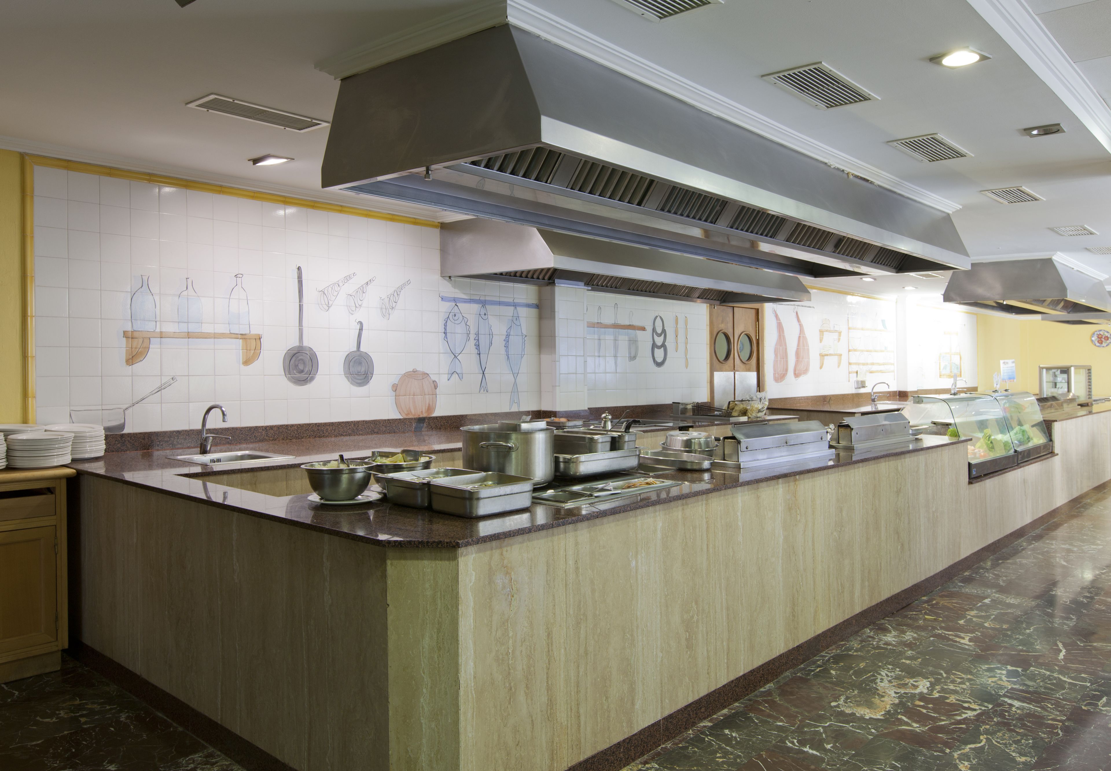 Una cocina con encimera de mármol, electrodomésticos de acero inoxidable y salpicadero de azulejos con ilustraciones de motivos culinarios.