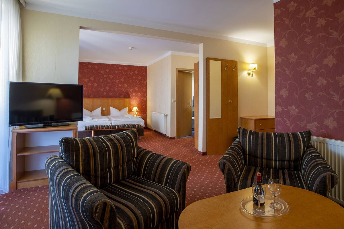 Habitación de hotel con televisor, dos sofás a rayas, una cama, una mesita con una botella y un vaso, y suelo alfombrado de color rojo.