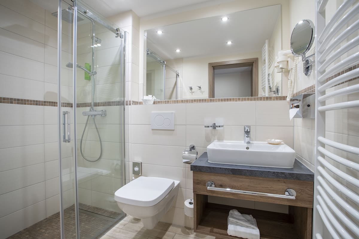 free toiletries, hair dryer, bathrobes, slippers