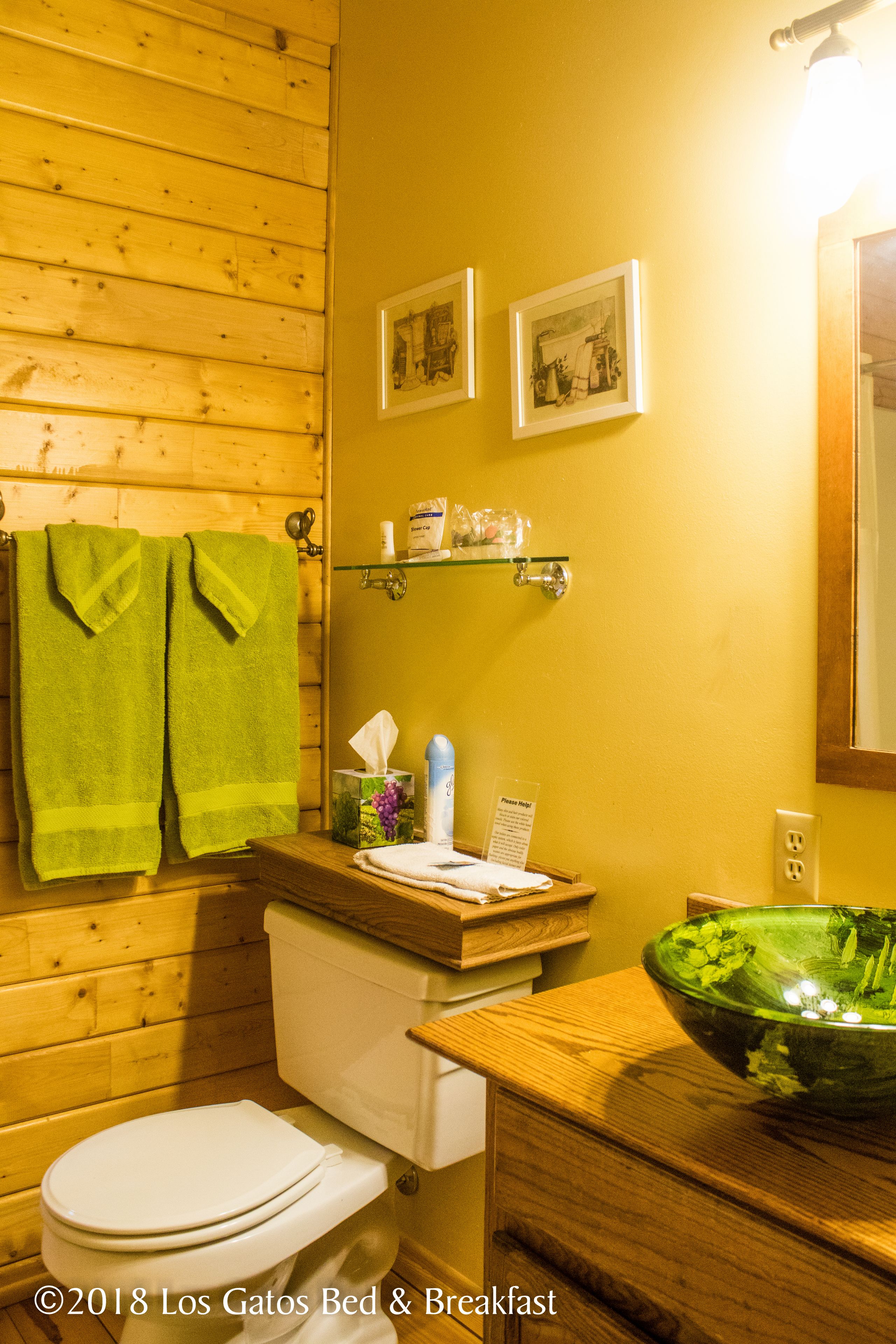A bathroom with wooden walls, a white toilet, a green towel, a glass shelf with toiletries, and a green glass bowl.