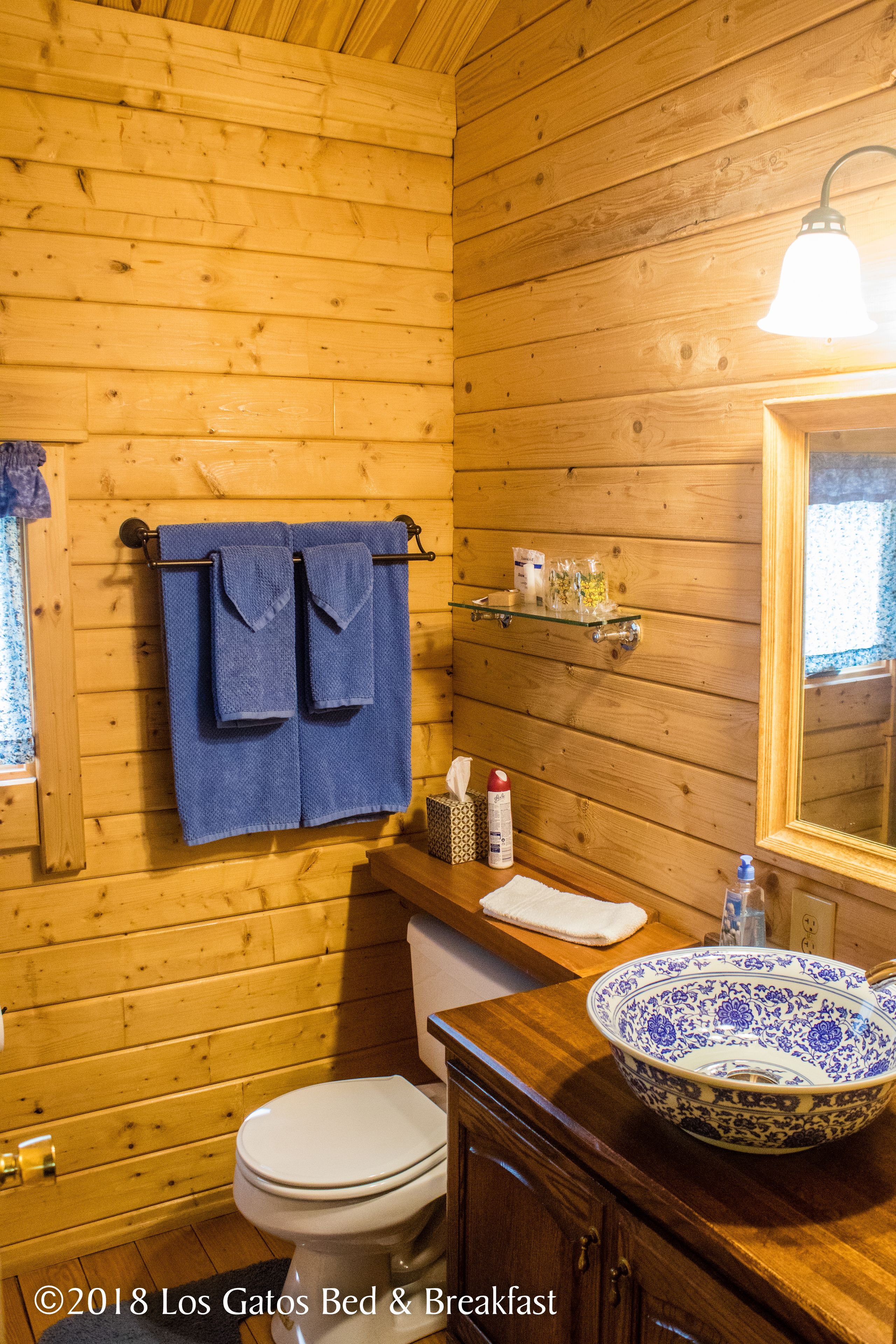 A wooden cabin bathroom with a toilet, a sink with a blue and white bowl, and two towels hanging on a rack.