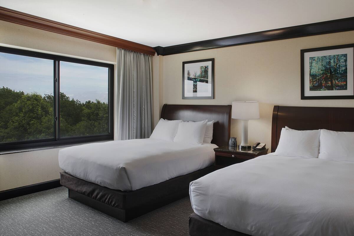 A hotel room with two beds, a large window with a view of trees, and two framed pictures on the wall.